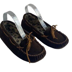 Minnetonka Brown Suede Leather Moccasin Slippers Women Size 8 Faux Fur Lining
